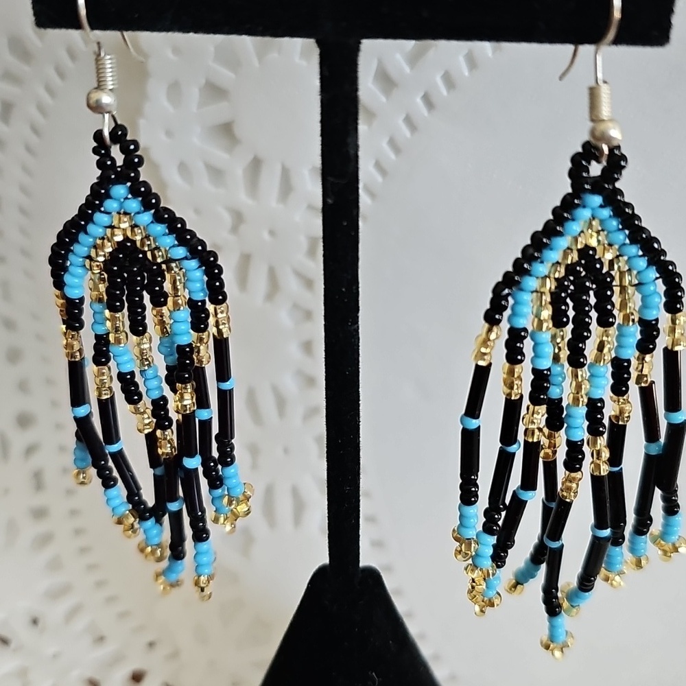 Chic Beaded Fringe Earrings in Black, Blue, and Gold
